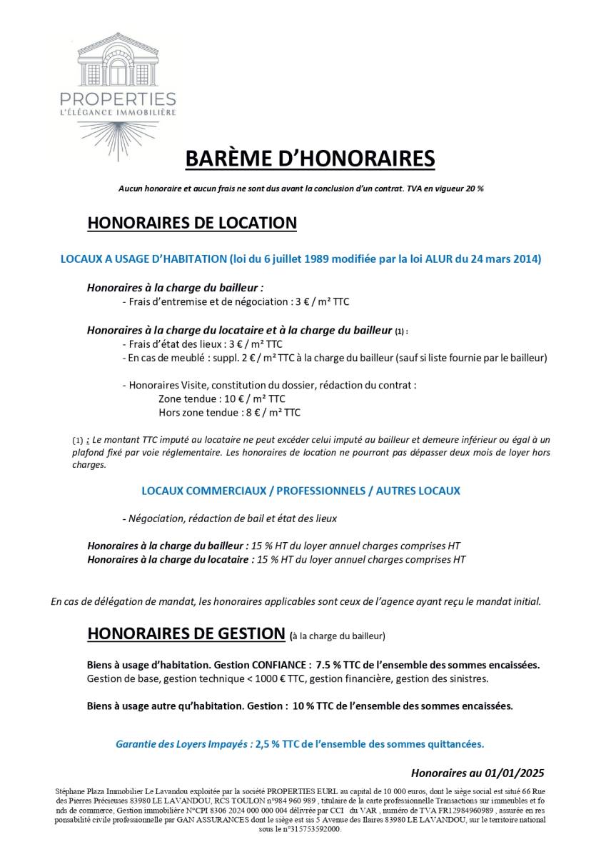 BAREME HONORAIRES AGENCE PROPERTIES AU LAVANDOU 