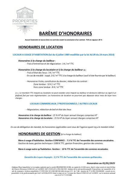BAREME HONORAIRES AGENCE PROPERTIES AU LAVANDOU 